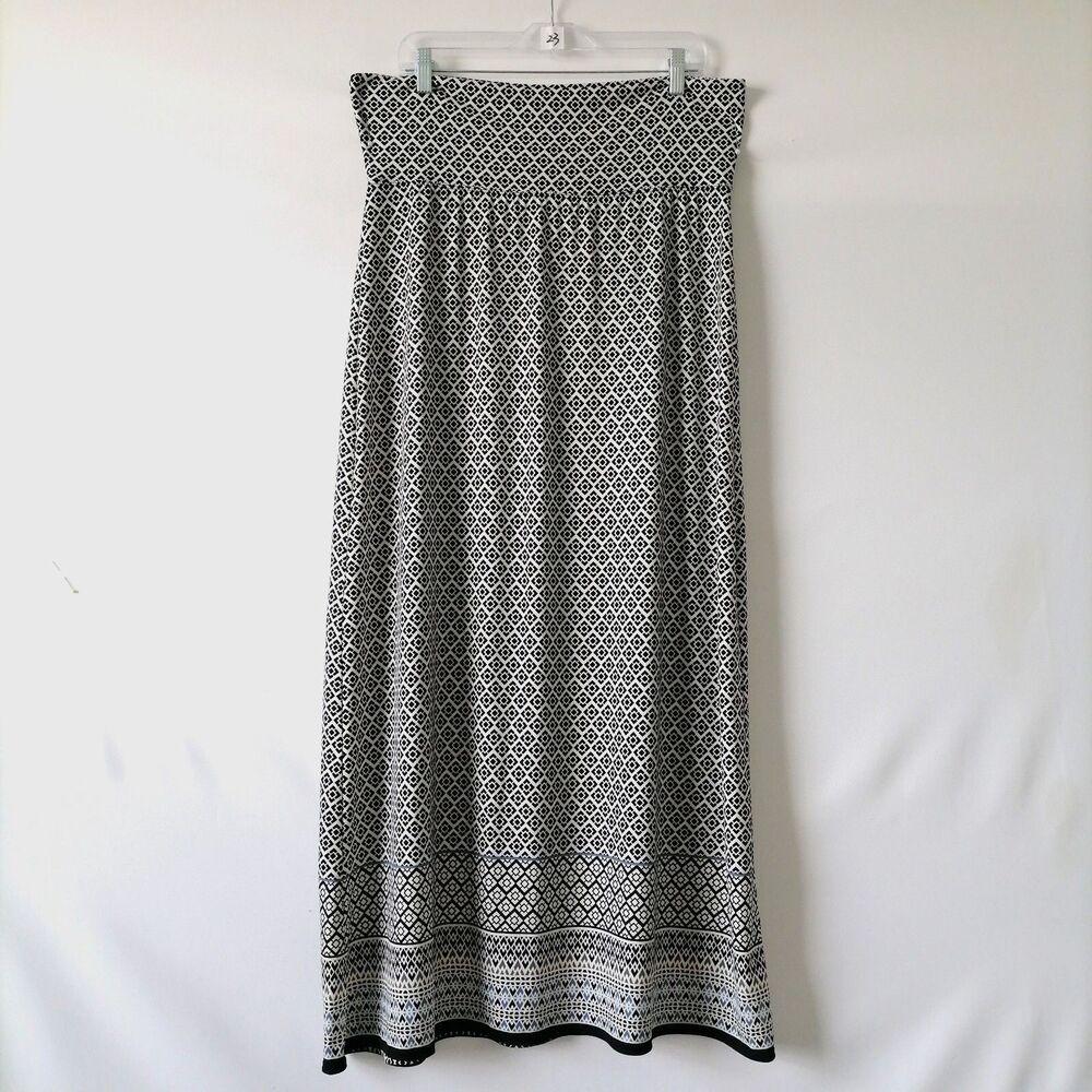 Sophie Max Womens White & Black Pull On Geometric Print Flare Midi Skirt Size XL